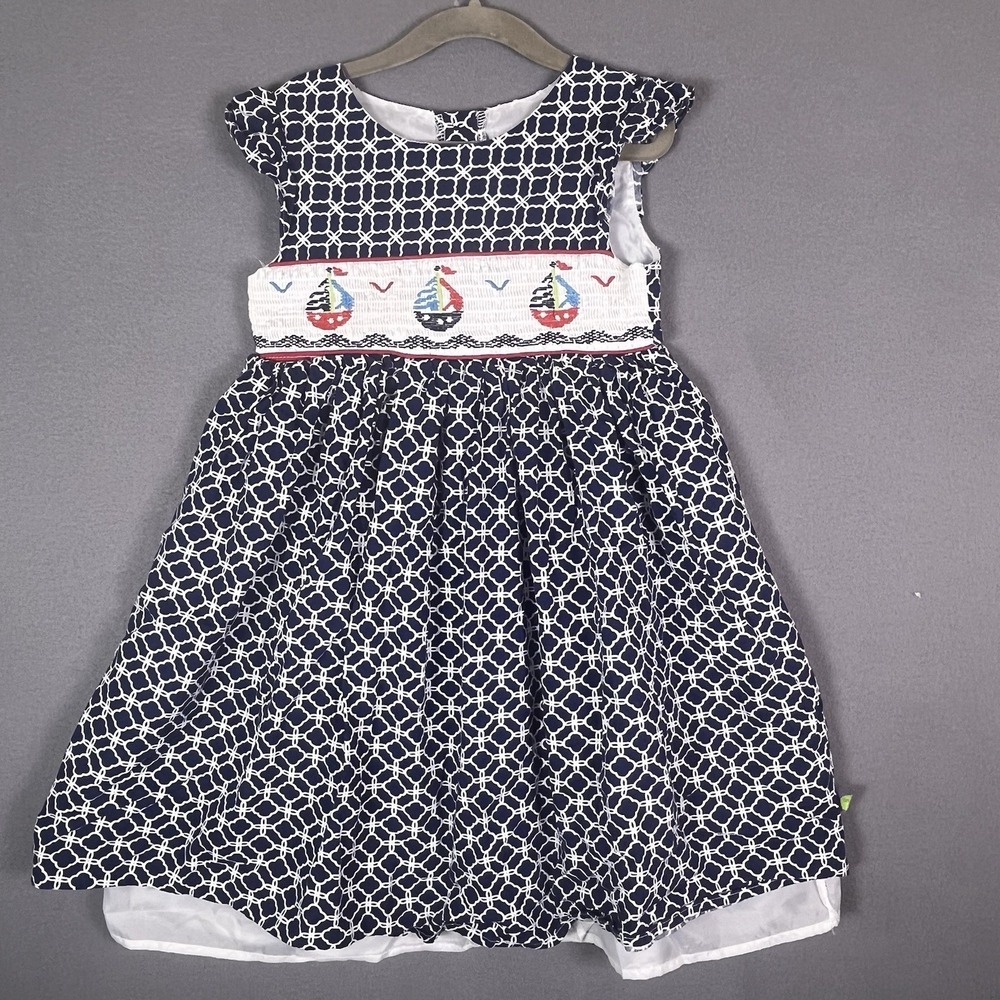 Dollie & Me Girls size 6 Dress With Sailboat Smocking & Geometric Pattern
